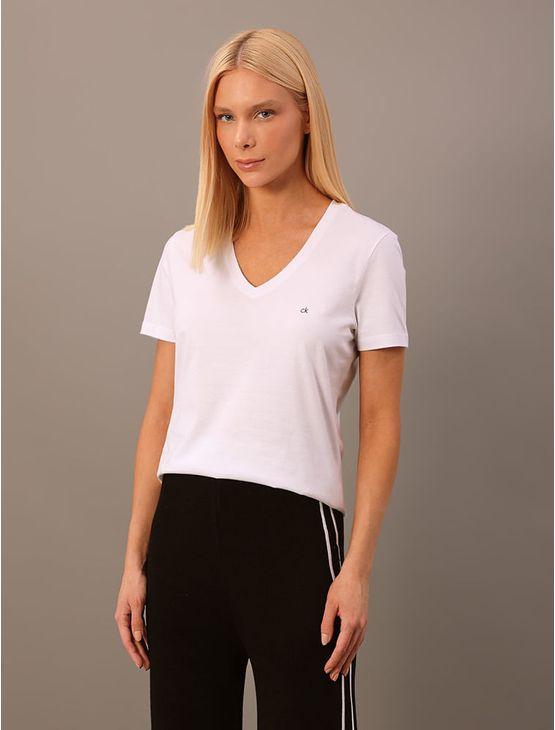 Camiseta Feminina Lisa Decote v Recorte Lateral Calvin Klein - Branco Camiseta Feminina Lisa Decote v Recorte Lateral Calvin Klein Branco Gg