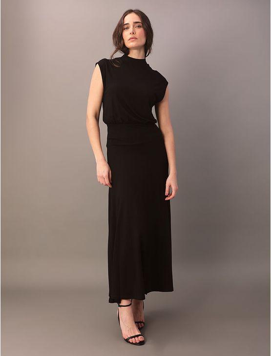 Vestido Longo Calvin Klein Feminino Com Blusê - Preto Vestido Longo Calvin Klein Feminino Com Blusê Preto Pp