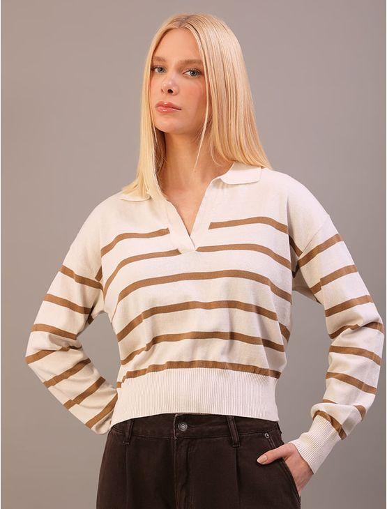 Suéter Calvin Klein Jeans Feminino Manga Longa Listrado Gola Johnny - Areia Suéter Calvin Klein Jeans Feminino Manga Longa Listrado Gola Johnny Areia Pp
