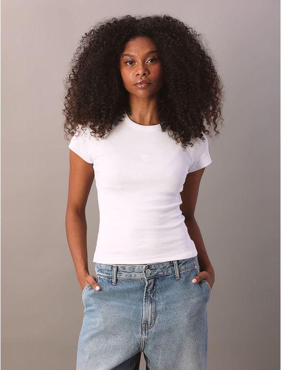 Blusa Calvin Klein Jeans Feminino Manga Curta Ribana - Branco Blusa Calvin Klein Jeans Feminino Manga Curta Ribana Branco g