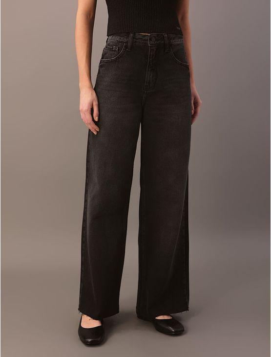 Calça Jeans Wide Leg Feminina Barras a Fio - Preto Calça Jeans Wide Leg Feminina Barras a Fio Preto 40