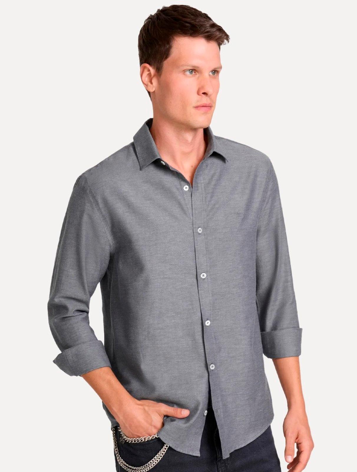 Camisa John John Masculina Regular Oxford Mono Logo Cinza Médio