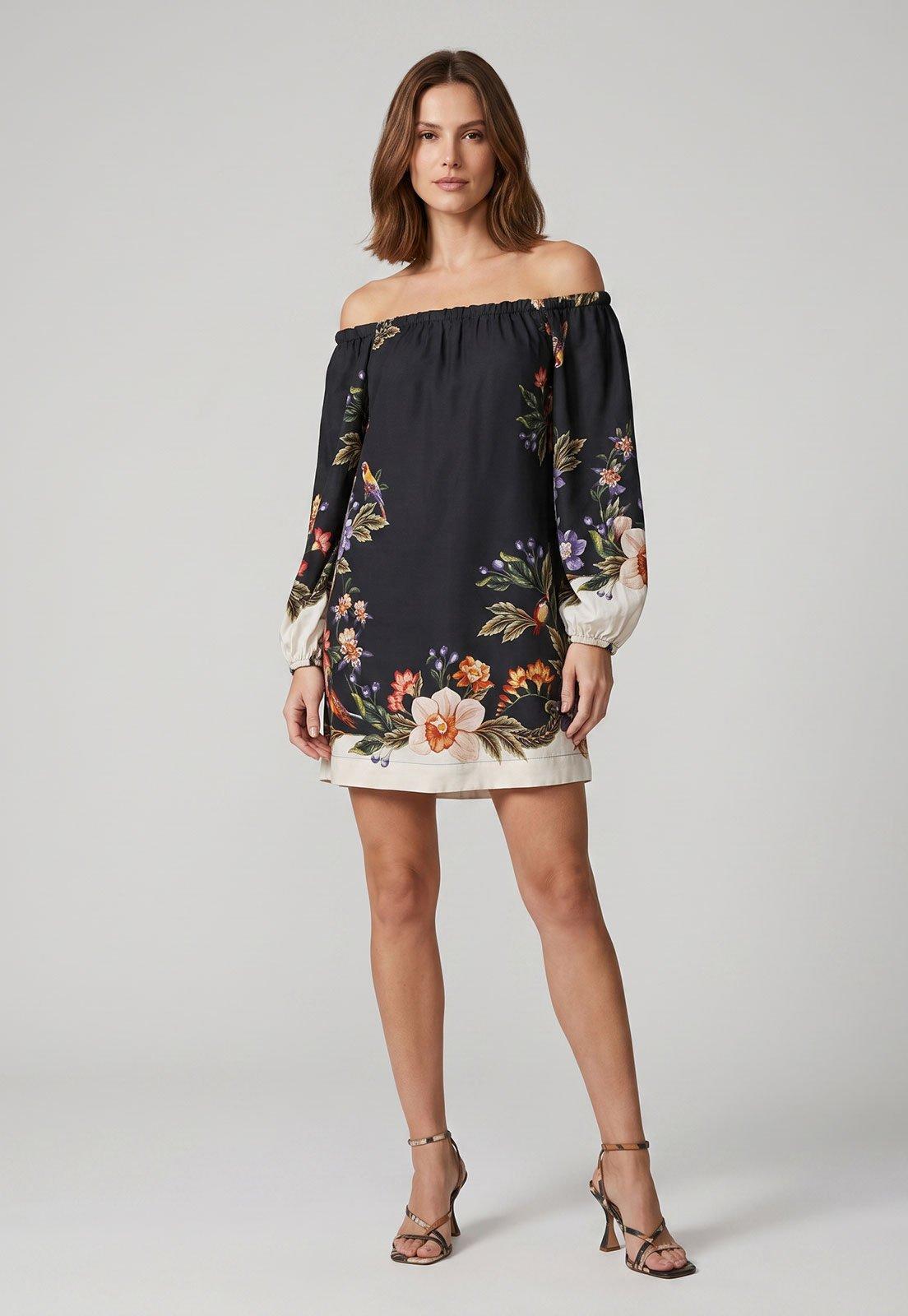 Vestido Feminino FARM Ombro a Ombro Estampado Preto