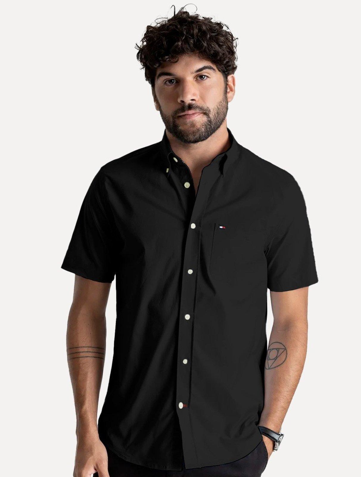 Camisa Tommy Hilfiger Masculina Manga Curta Regular Pocket Poplin Preta