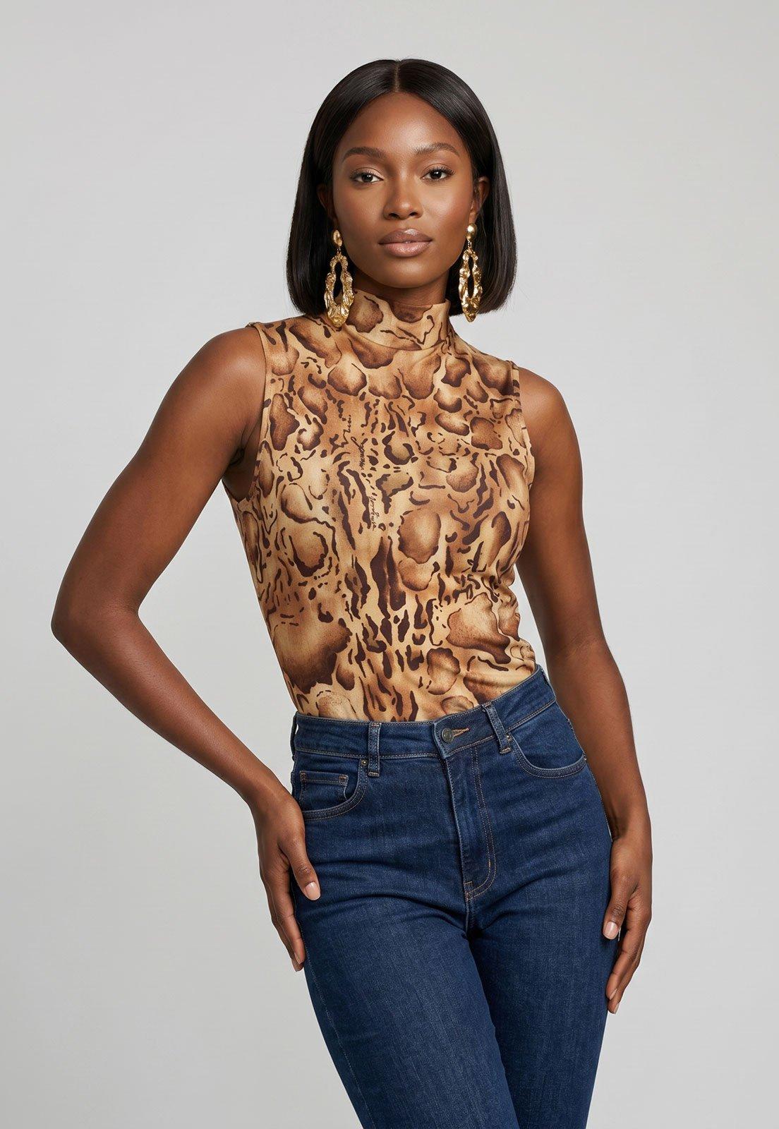 Regata Feminina Lança Perfume Animal Print Gola Alta Marrom