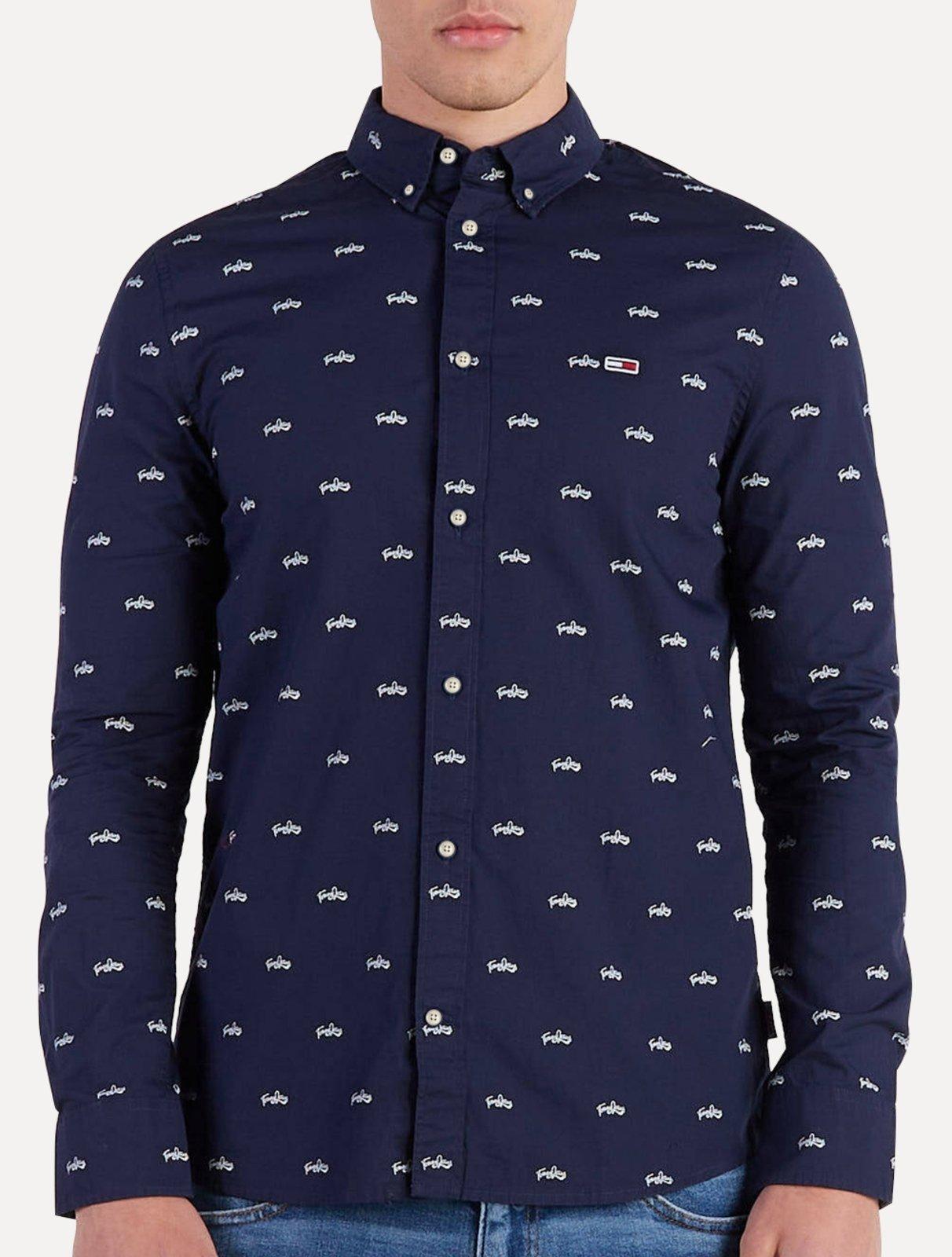 Camisa Tommy Jeans Regular College Pop Dobby Azul Marinho