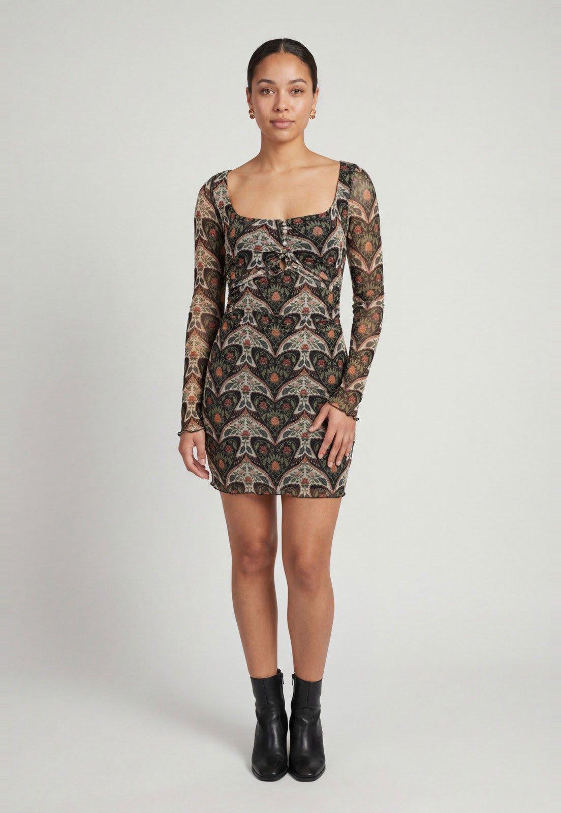 Vestido Feminino FARM Estampa Floral Manga Longa Preto