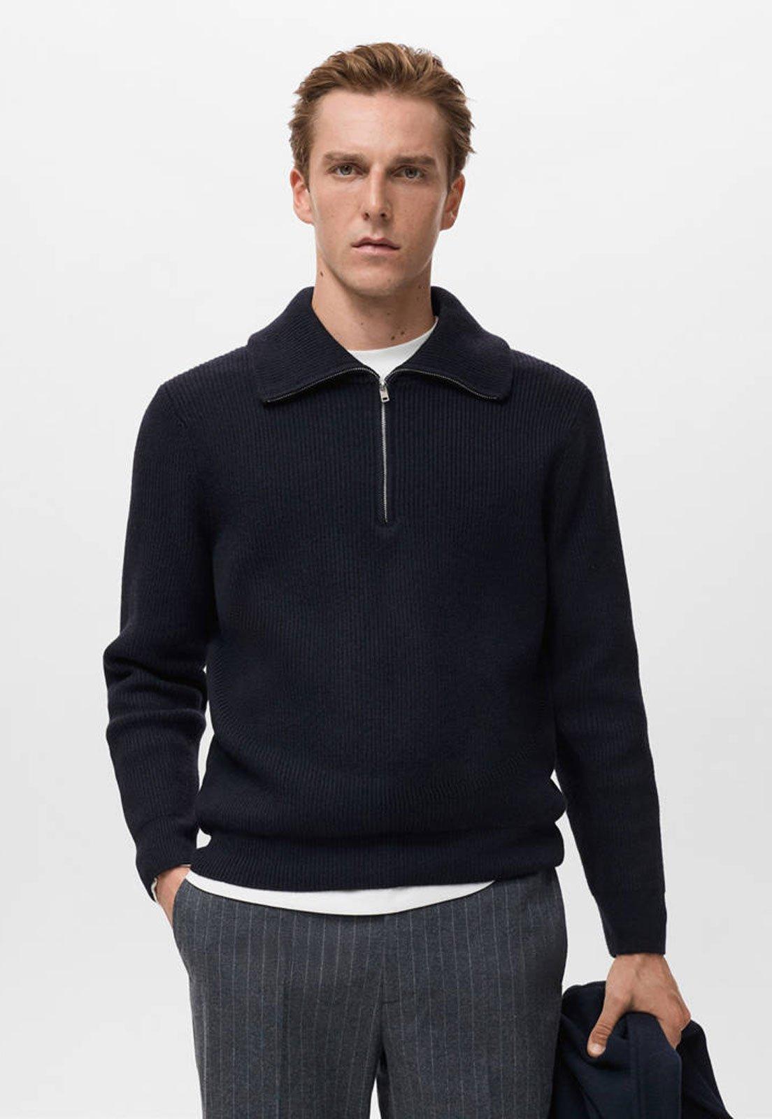 Suéter Masculino Mango Gola Alta Zíper Azul Marinho