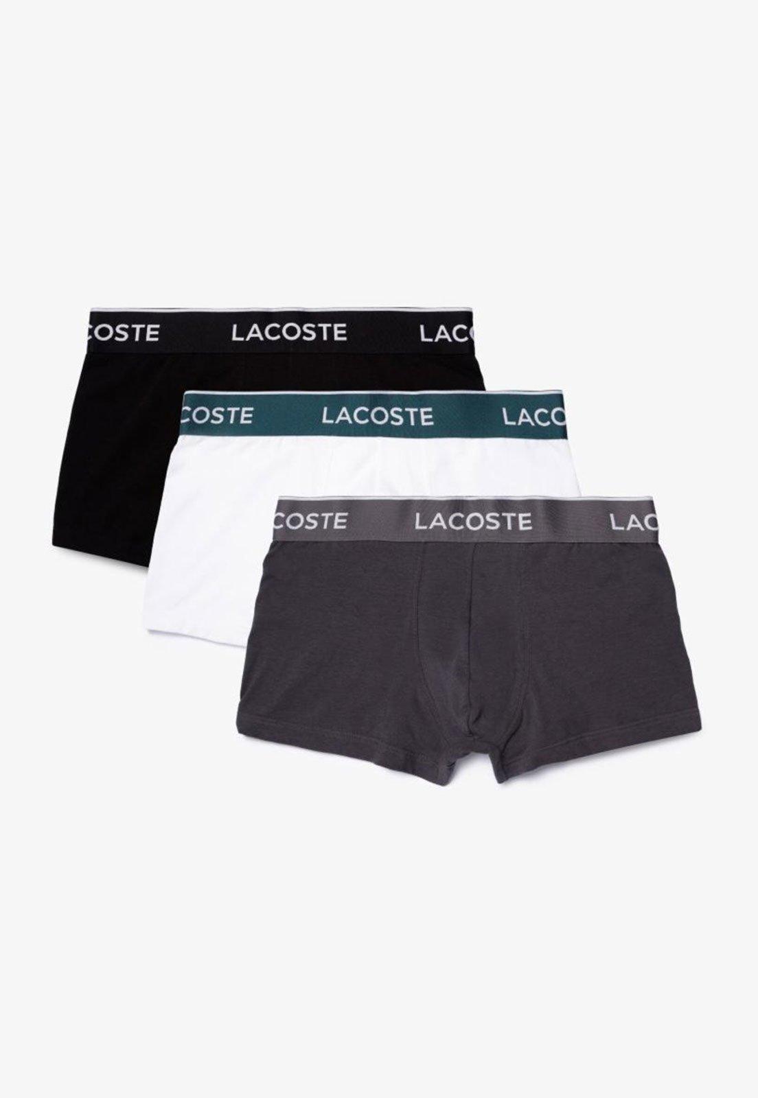 Pack de três cuecas trunks masculina Lacostes em algodão com stretch e cós assinado Preto