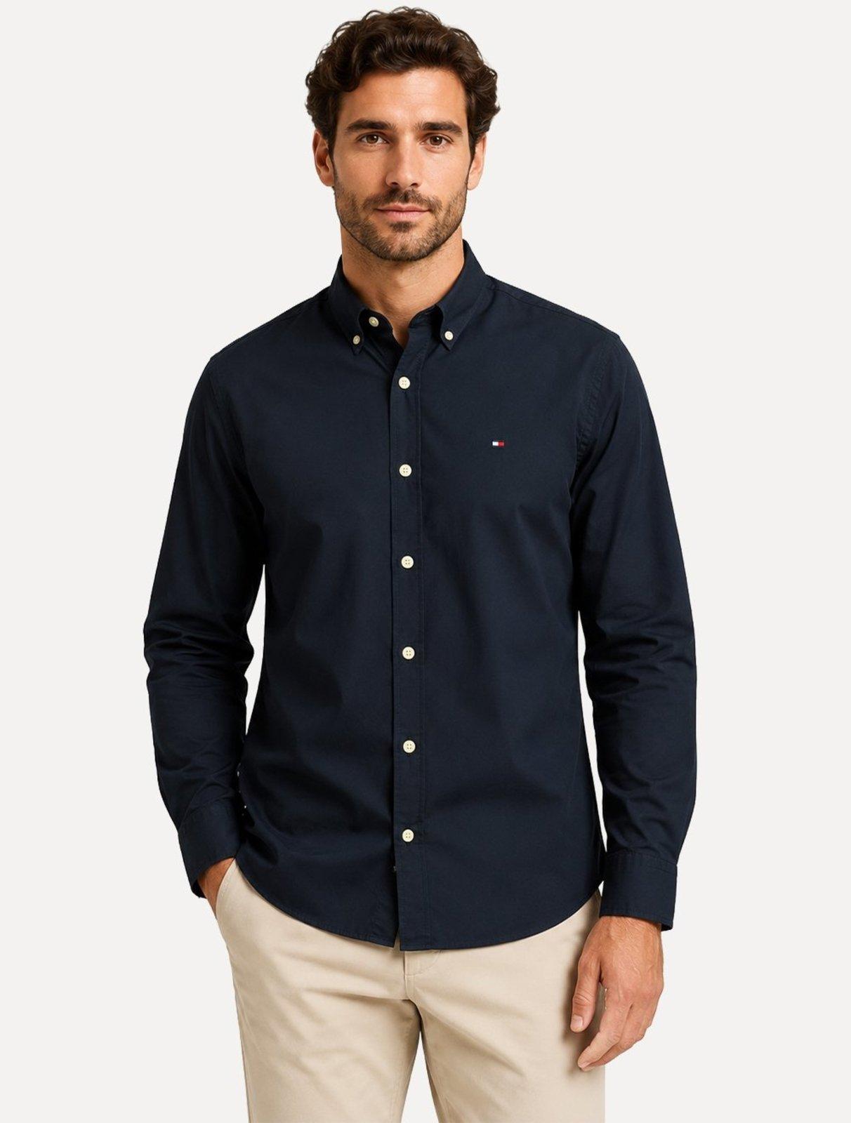 Camisa Tommy Hilfiger Masculina Regular Core Flex Poplin Azul Escuro