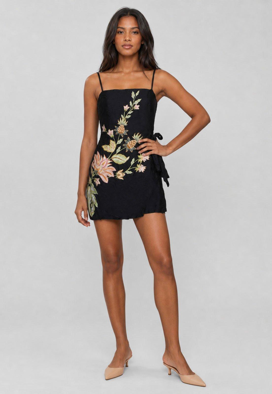 Vestido FARM Decote Reto Laço Lateral Preto