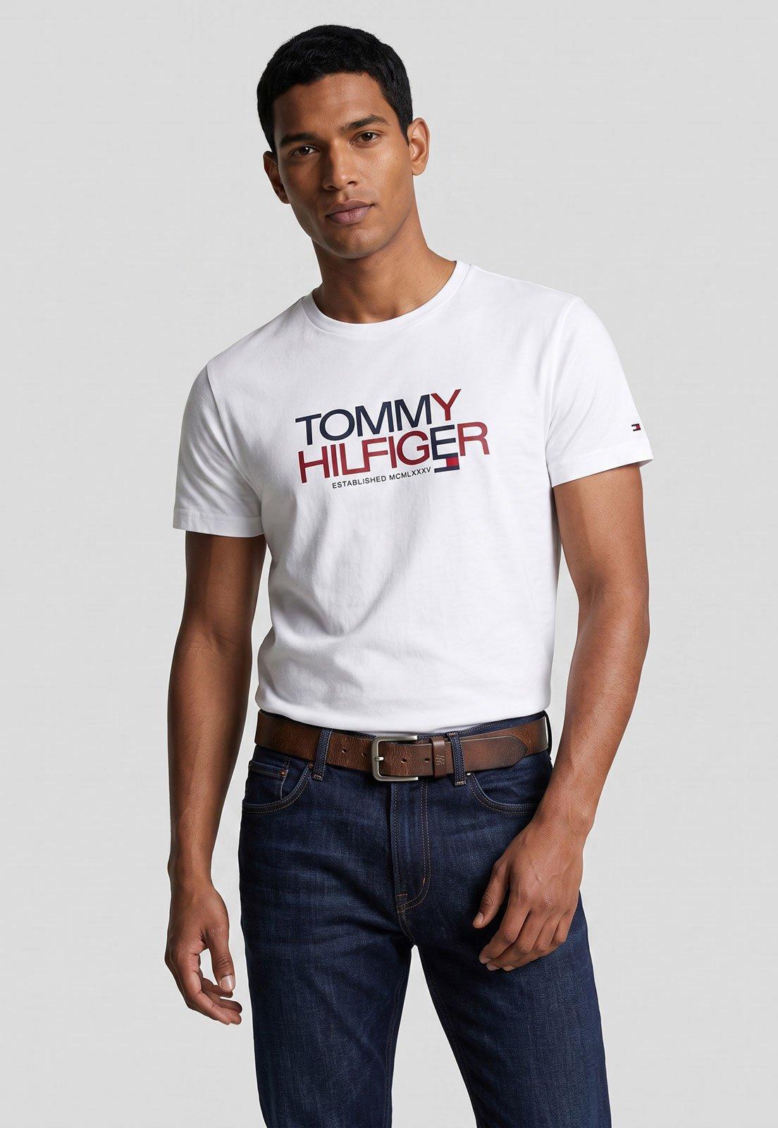 Camiseta Masculina Tommy Hilfiger Logo Bordado Branca