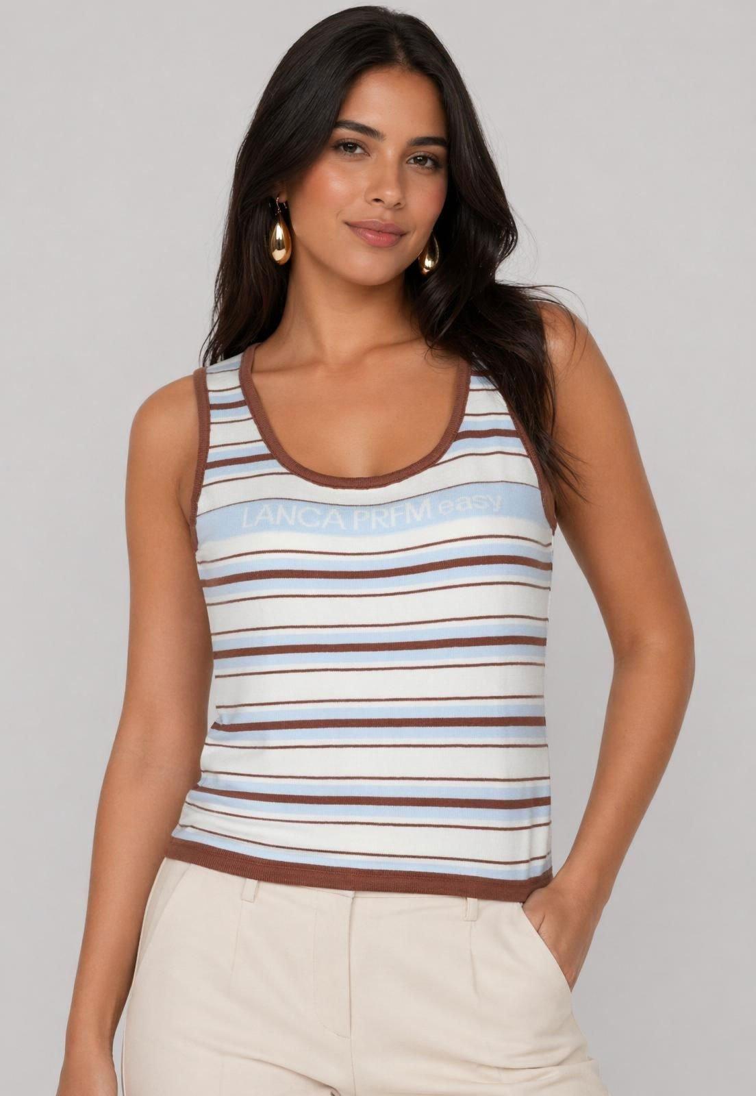 Blusa Feminina Lança Perfume Listrada Decote Redondo Off-White