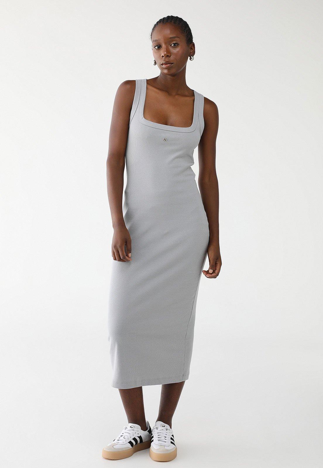 Vestido Canelado Colcci Midi Logo Cinza