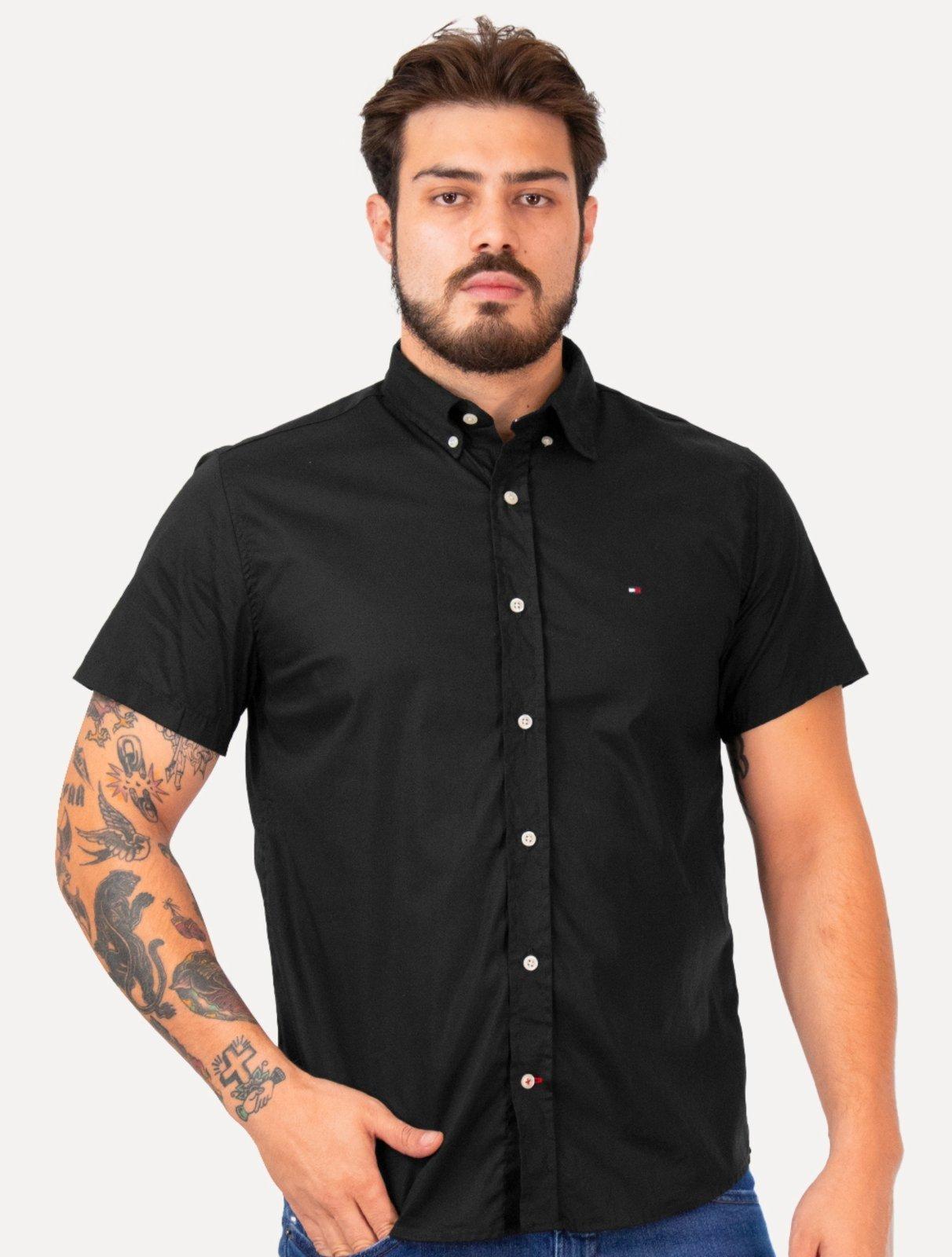 Camisa Tommy Hilfiger Masculina Manga Curta Regular Classic Poplin Preta