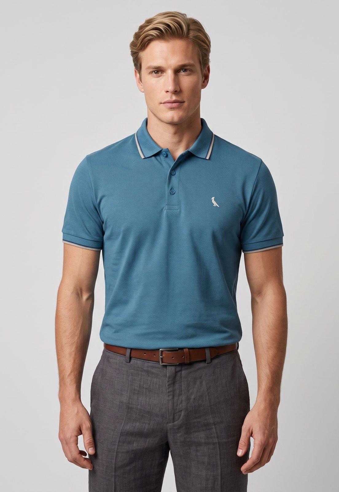 Camisa Polo Masculina Reserva Enxuto Novo Friso Azul