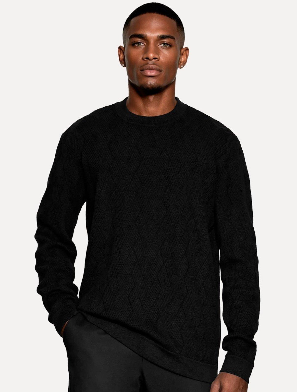 Suéter Aramis Masculino Tricot Crewneck Jacquard Tresse Preto