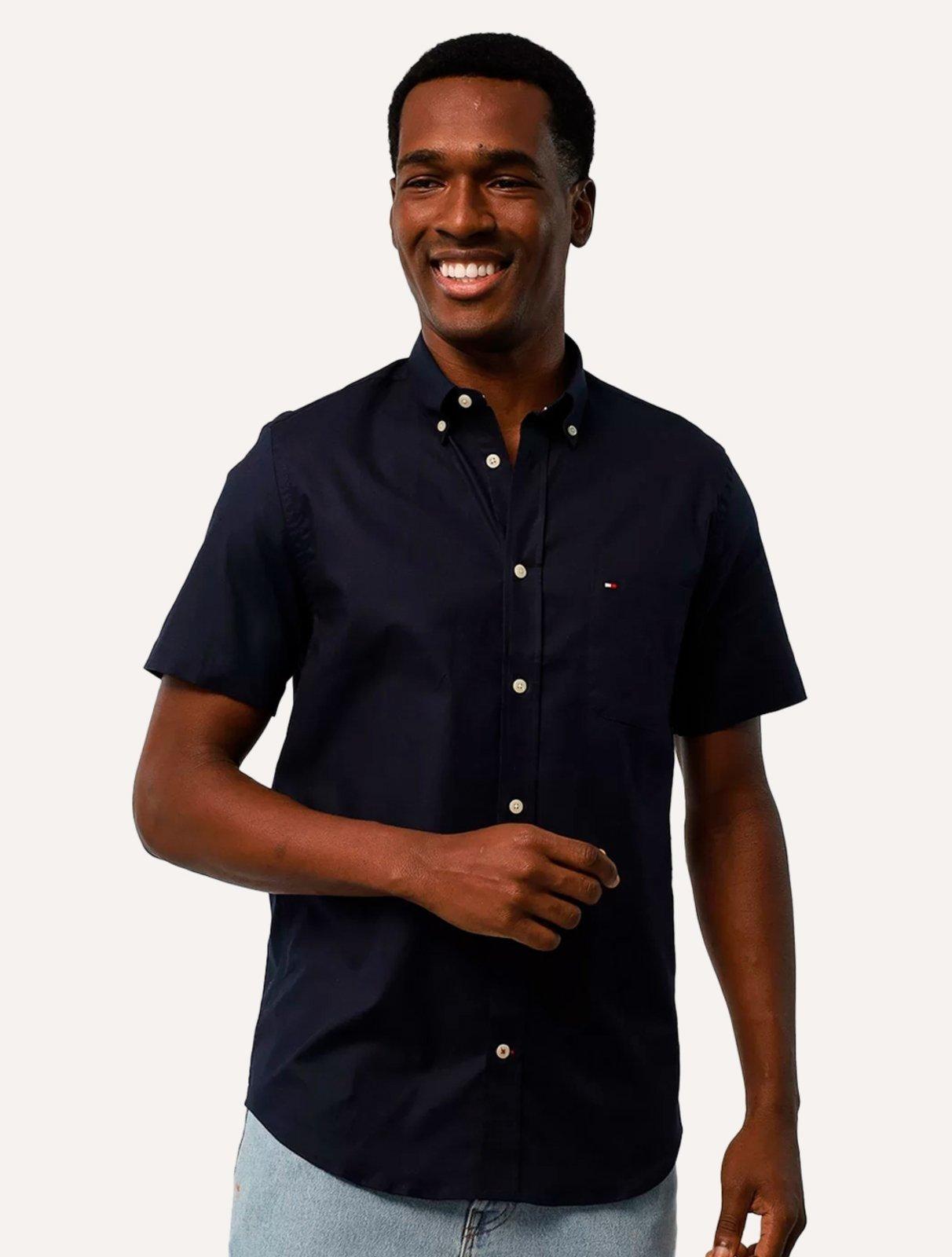 Camisa Tommy Hilfiger Masculina Manga Curta Regular Core Oxford Azul Marinho