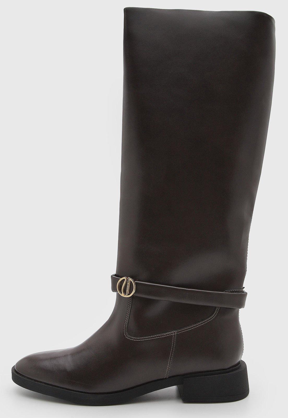 Bota Feminina Lança Perfume Cano Longo Fivela Marrom
