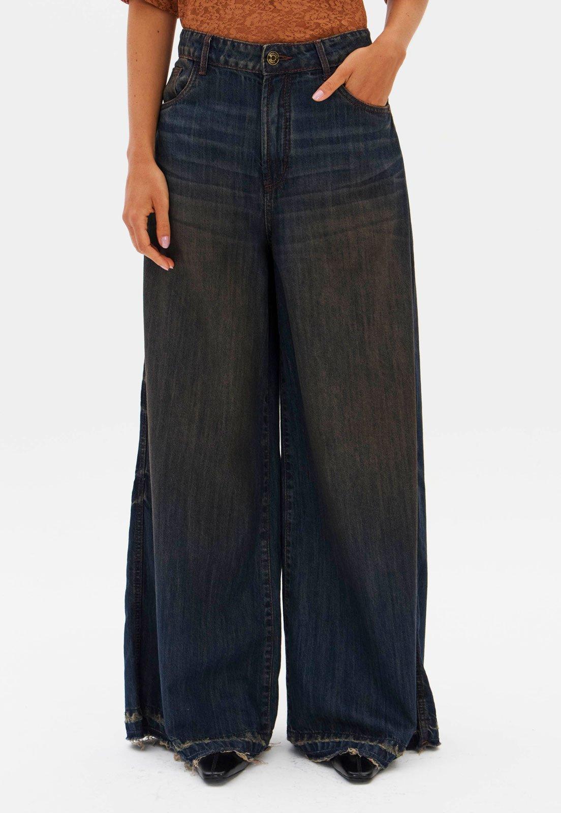 Calça Jeans Feminina Lança Perfume Modelagem Ampla Algodão Azul Escuro