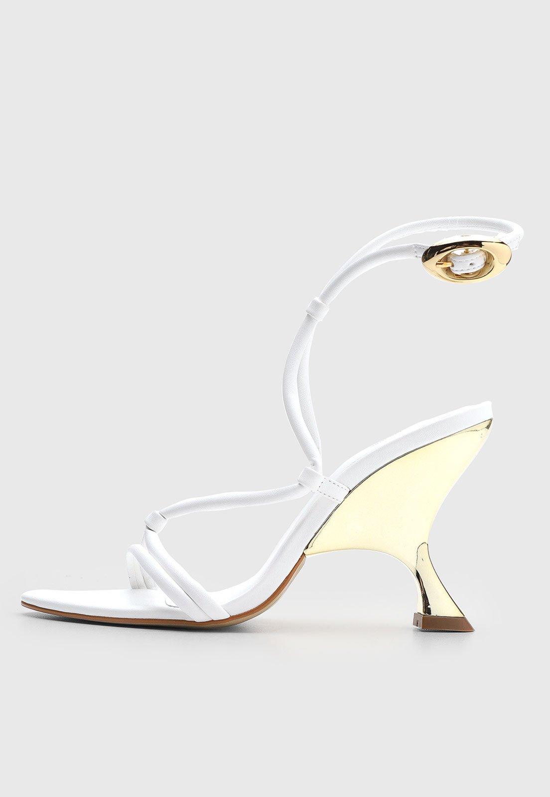 Sandália Feminina Lança Perfume Salto Dourado Branco