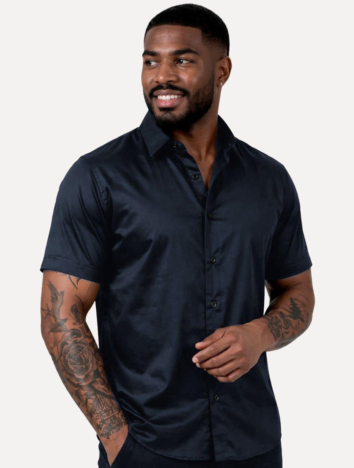 Camisa Aramis Masculina Manga Curta Slim Cetim Hudson Azul Marinho