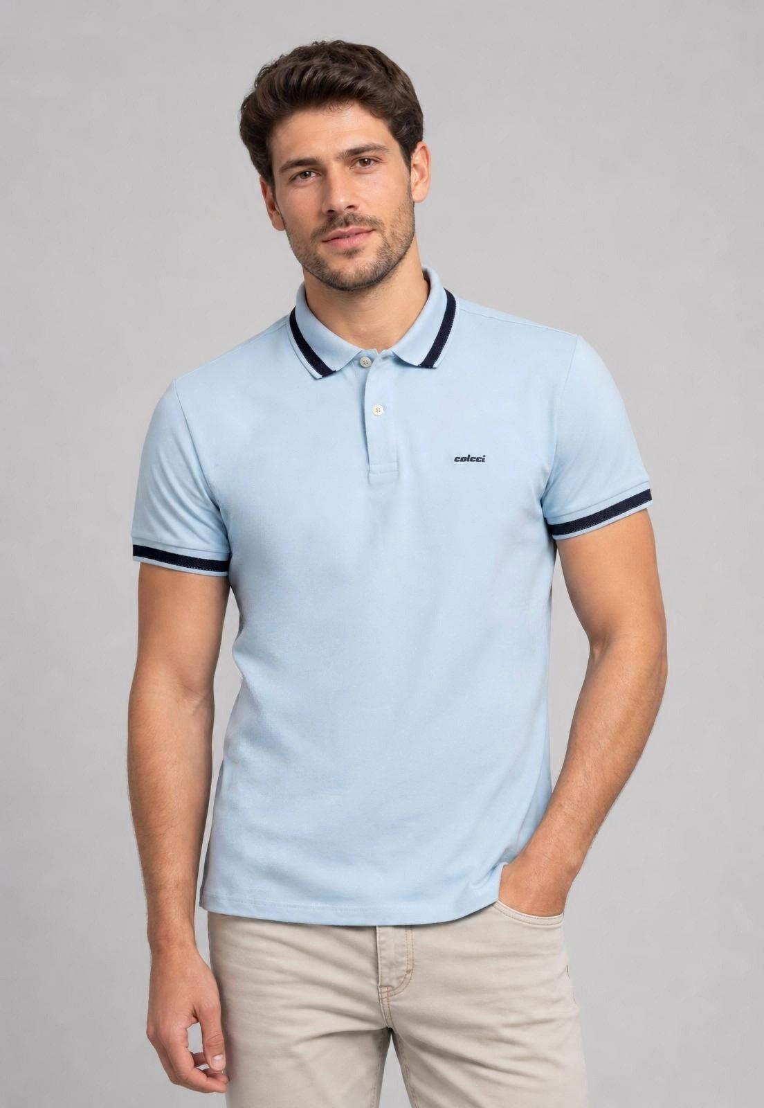 Camiseta Polo Masculina Colcci Listrada Azul Claro