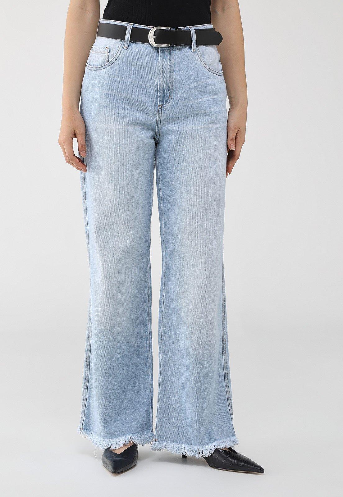 Calça Jeans Lança Perfume Wide Leg Barra Destroyed Azul