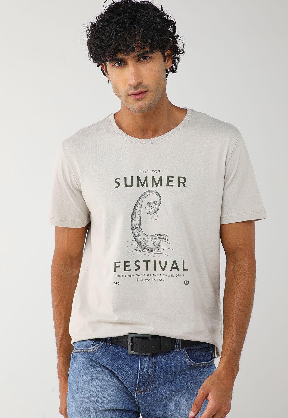 Camiseta Masculina Colcci Estampa Summer Festival Bege