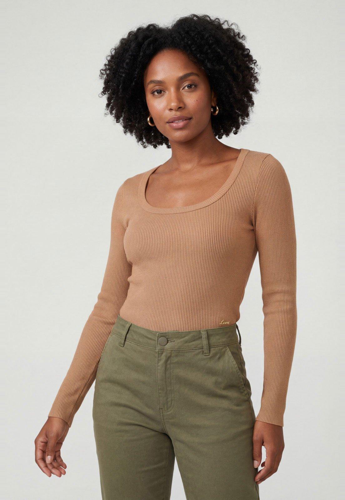 Blusa Feminina Lança Perfume Canelada Manga Longa Bege