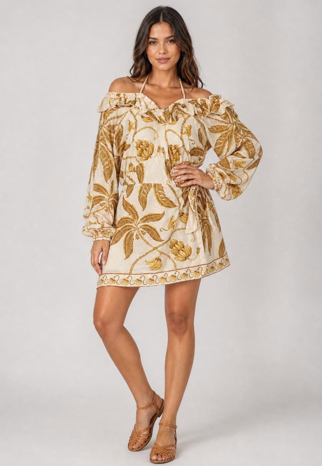 Vestido FARM Curto Folhagem Manga Longa Amarelo