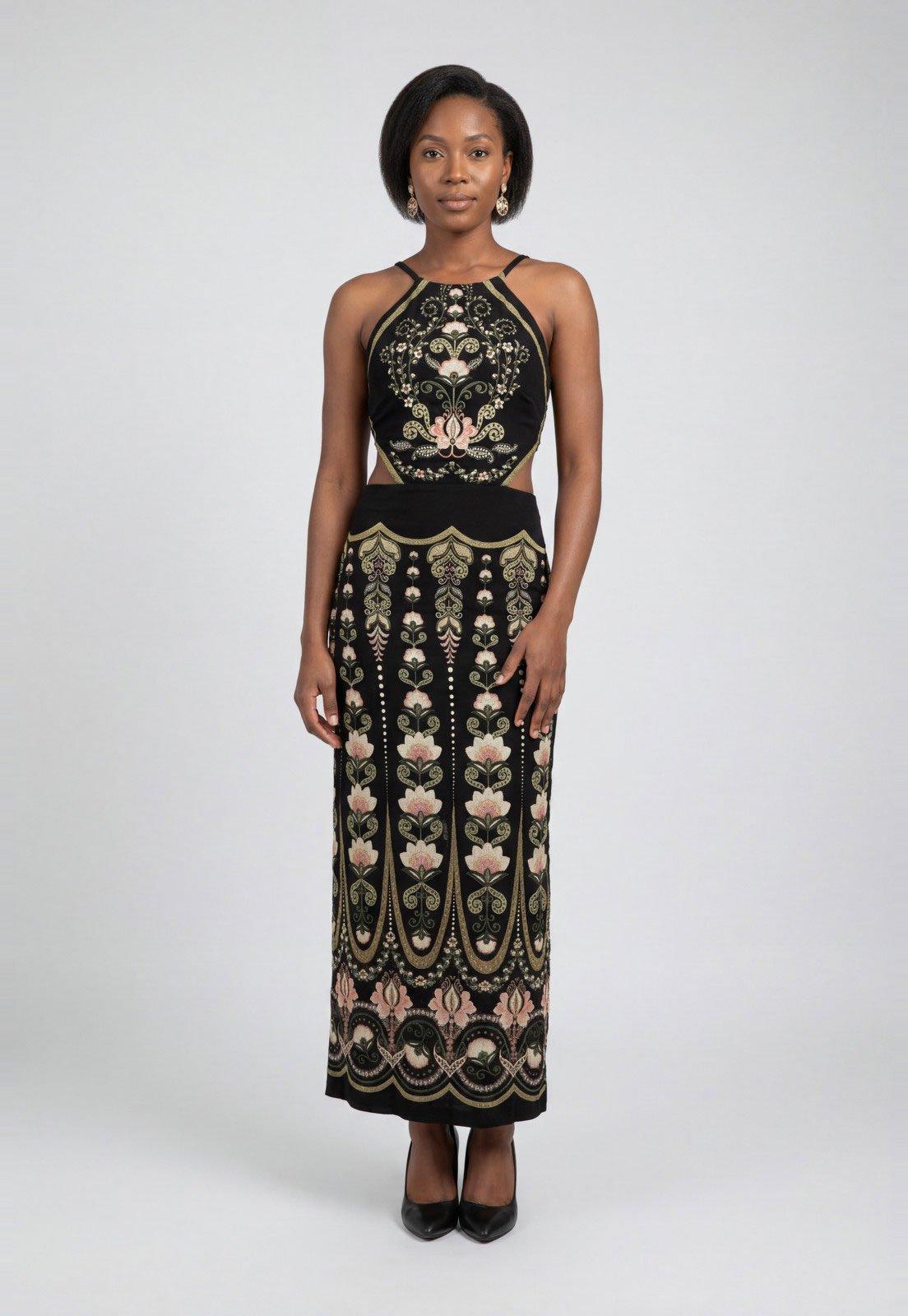 Vestido Longo FARM Estampa Bordada Preto