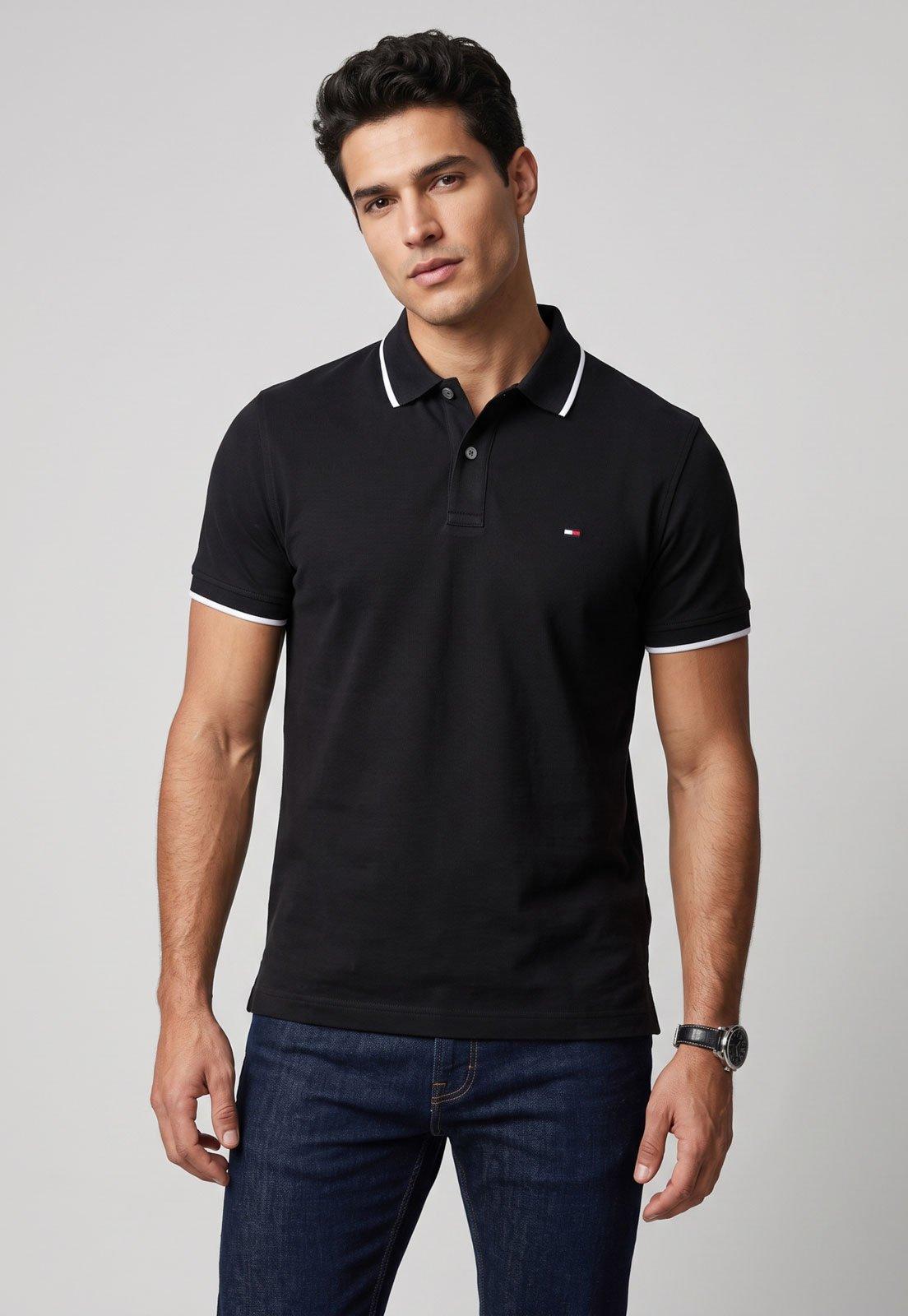 Camisa Polo Masculina Tommy Hilfiger Detalhe Gola Preta