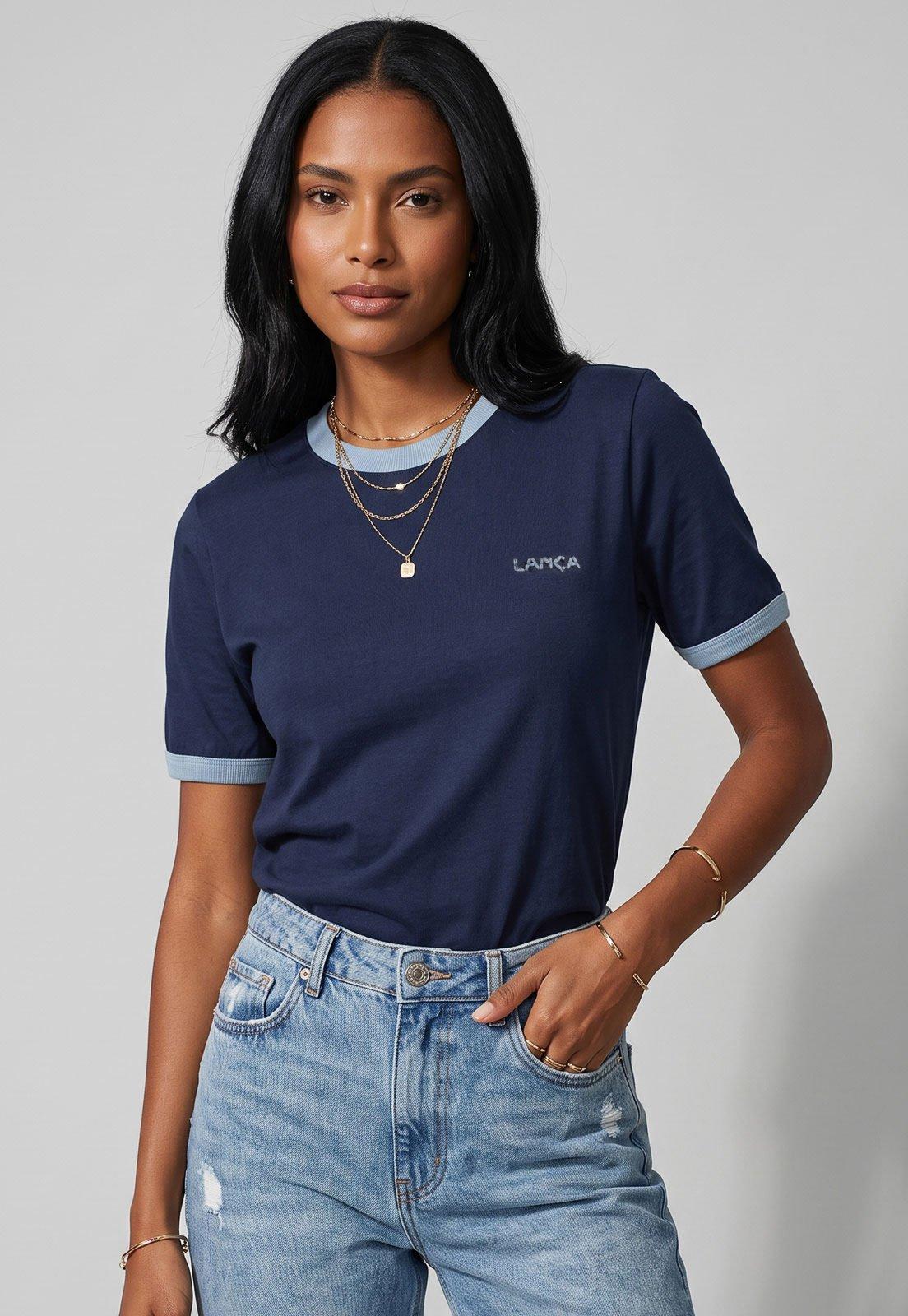Camiseta Feminina Lança Perfume Logo Azul Marinho