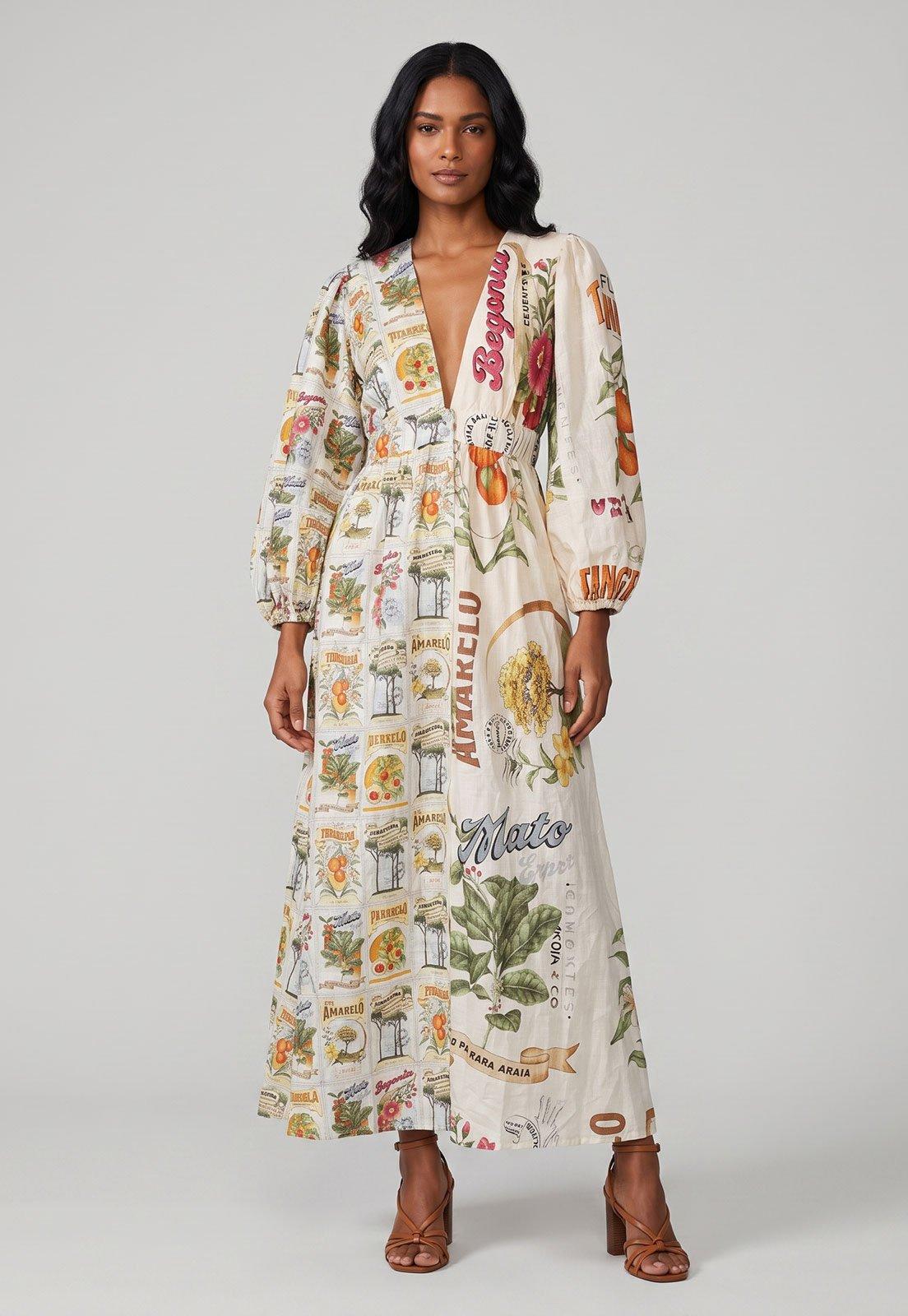Vestido Feminino FARM Estampado Manga Longa Off-White