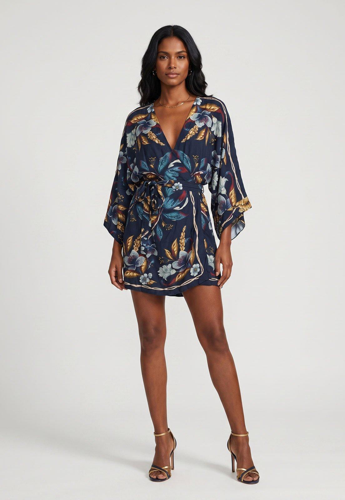 Vestido FARM Floral Manga Longa Estampado Azul