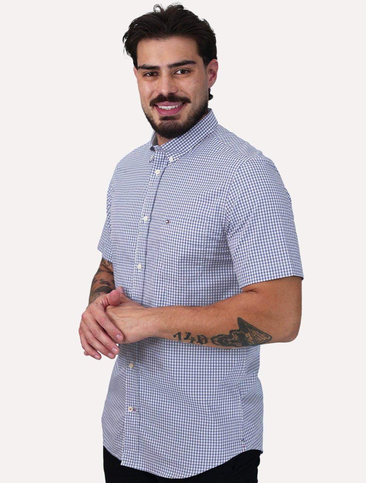 Camisa Tommy Hilfiger Masculina Manga Curta Pocket Gingham Azul Médio