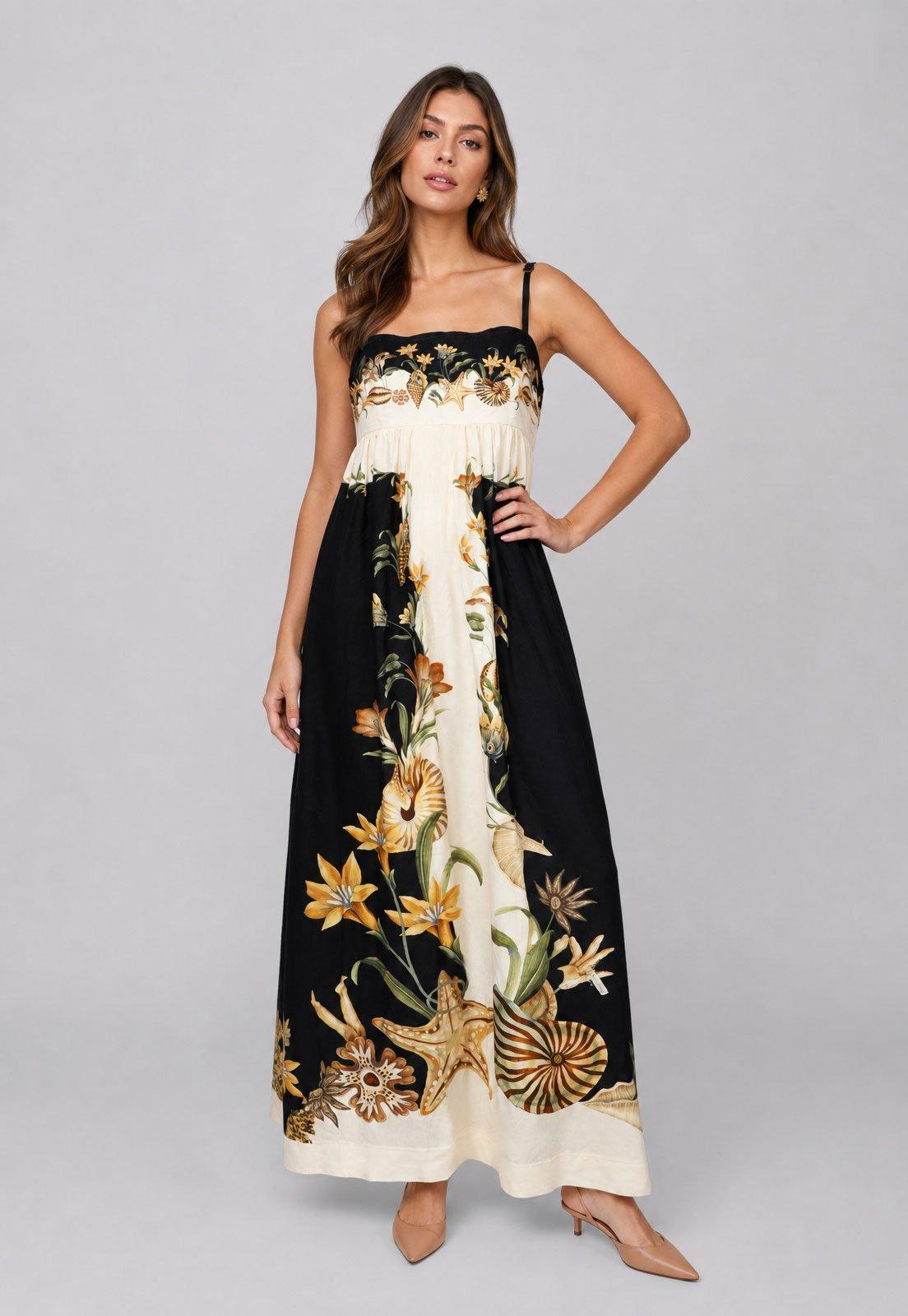 Vestido Longo FARM Concha Surreal Preto