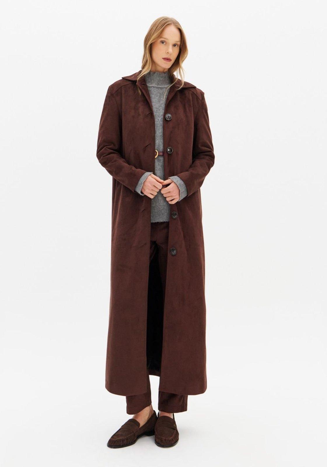 Trench Coat Alongado De Suede Com Botões Lança Perfume