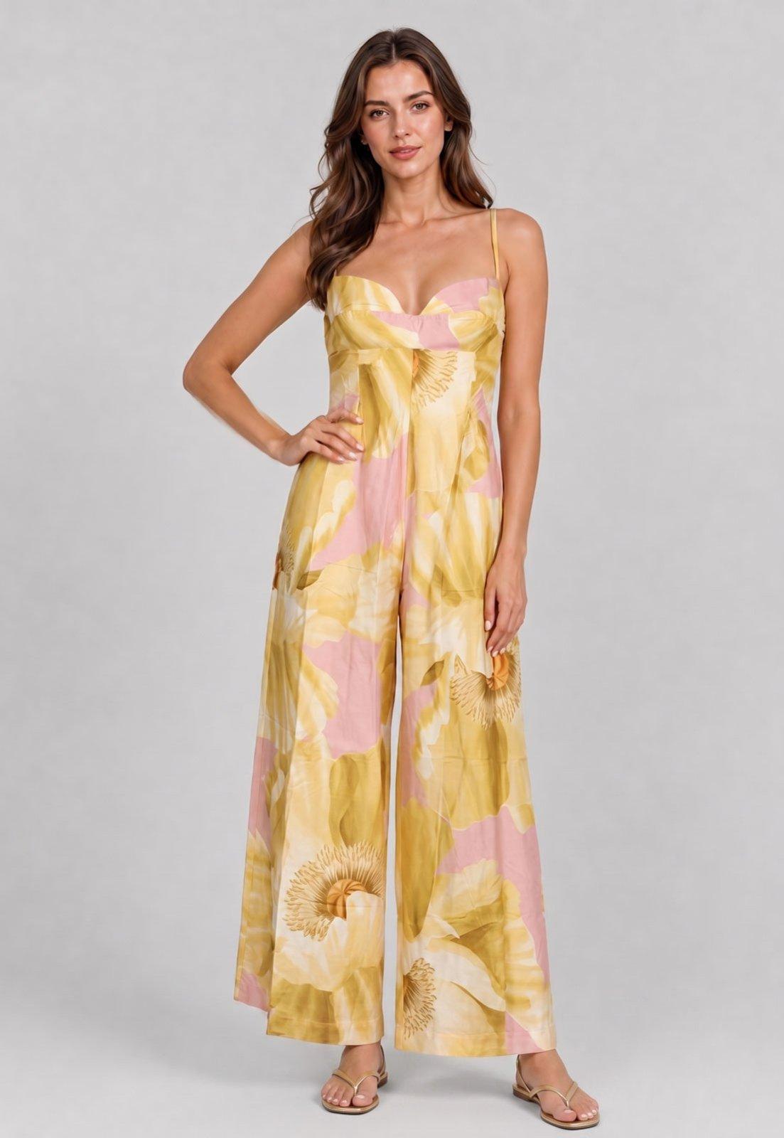 Macacão Feminino FARM Alças Finas Floral Amarelo