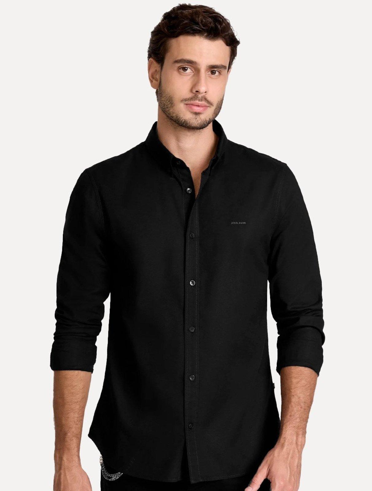 Camisa John John Masculina Slim Oxford Dark Logo Preta