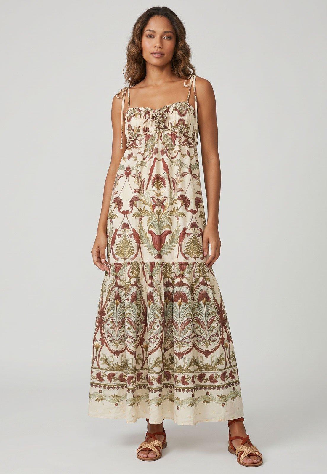 Vestido Longo FARM Estampado Floral Bege