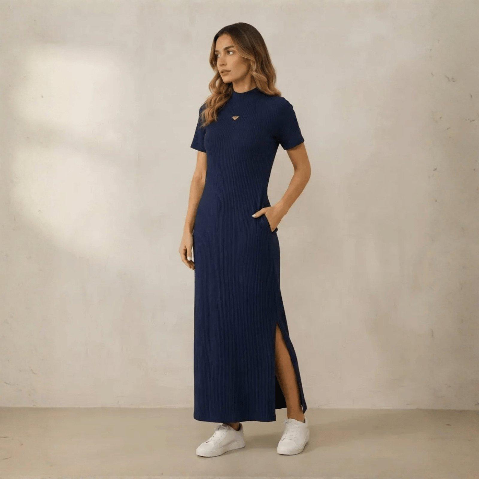 Vestido Canelado Maxi Midi Logo Metal Triâgulo Colcci