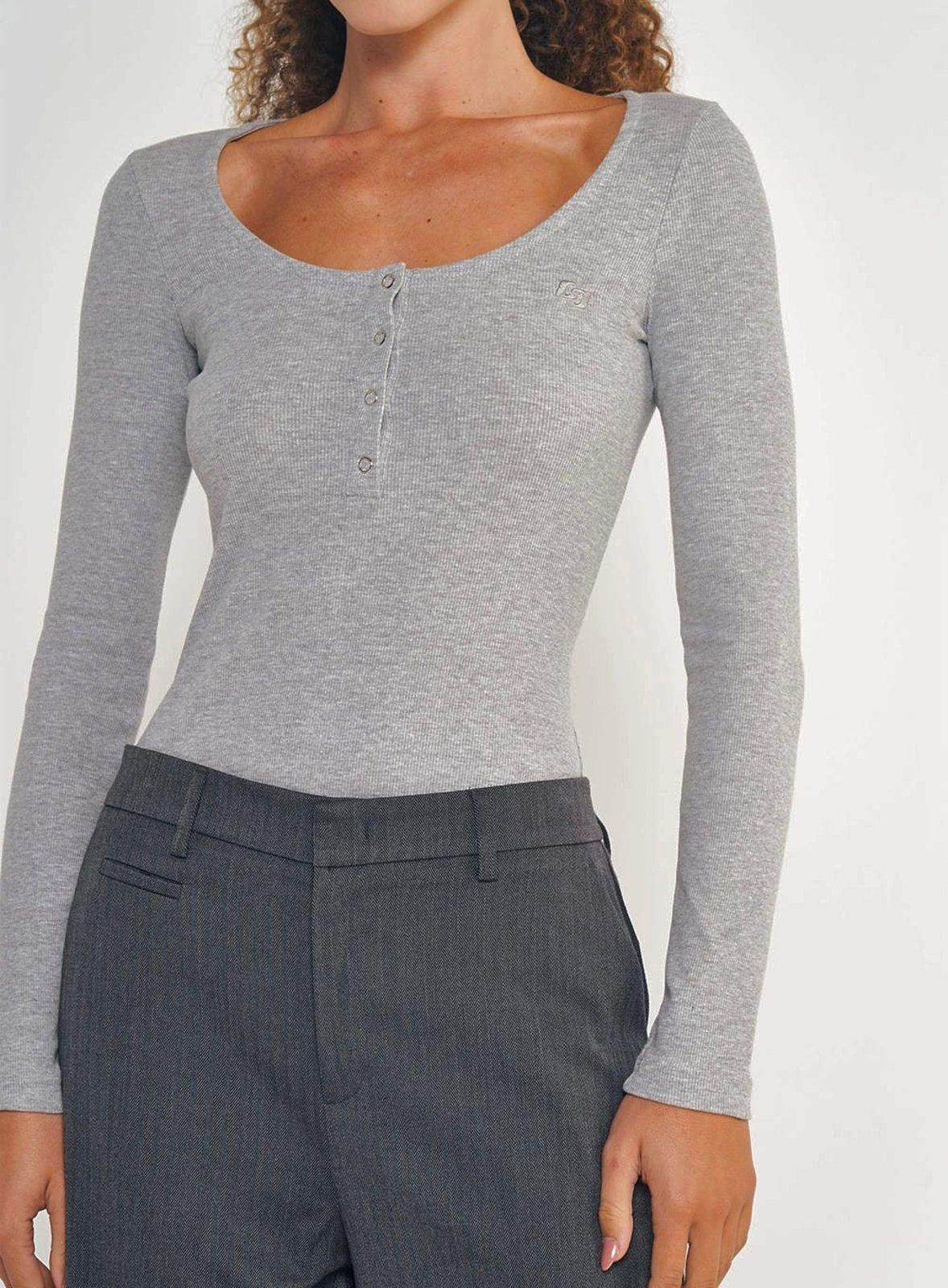 Blusa Feminina Slim Canelada Peitilho Manga Longa Colcci Mescla Grafite