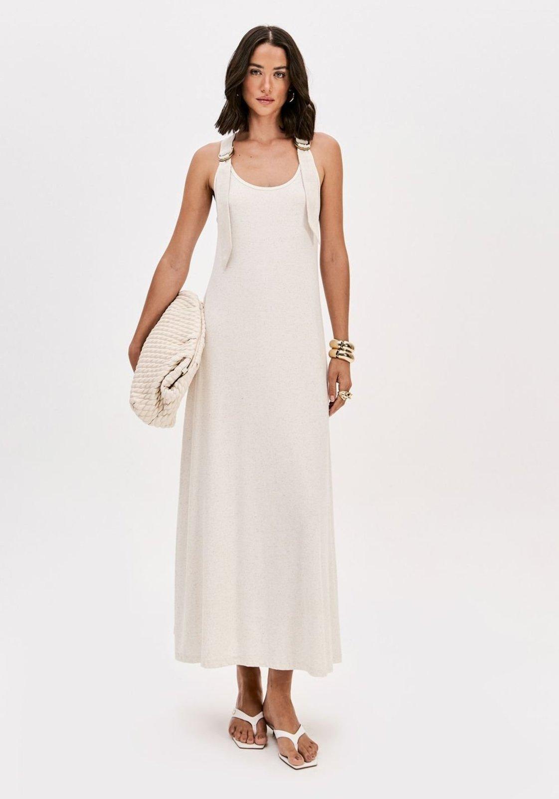 Vestido Canelado Super Midi Com Linho Lança Perfume