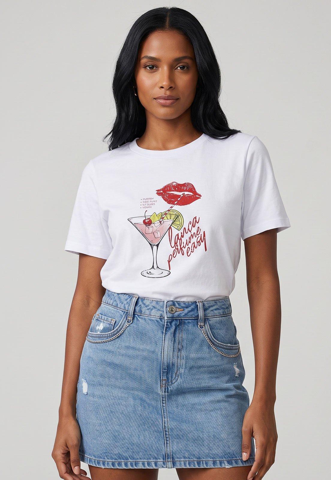 Camiseta Feminina Lança Perfume Estampa Coquetel Branca