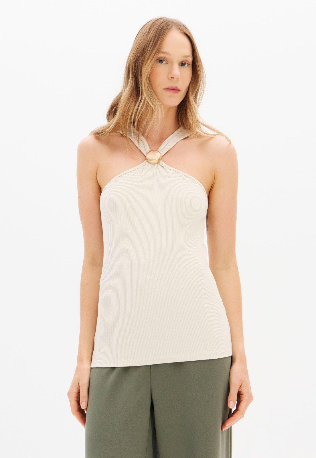 Blusa Feminina Lança Perfume Canelada Decote com Anel Off-White