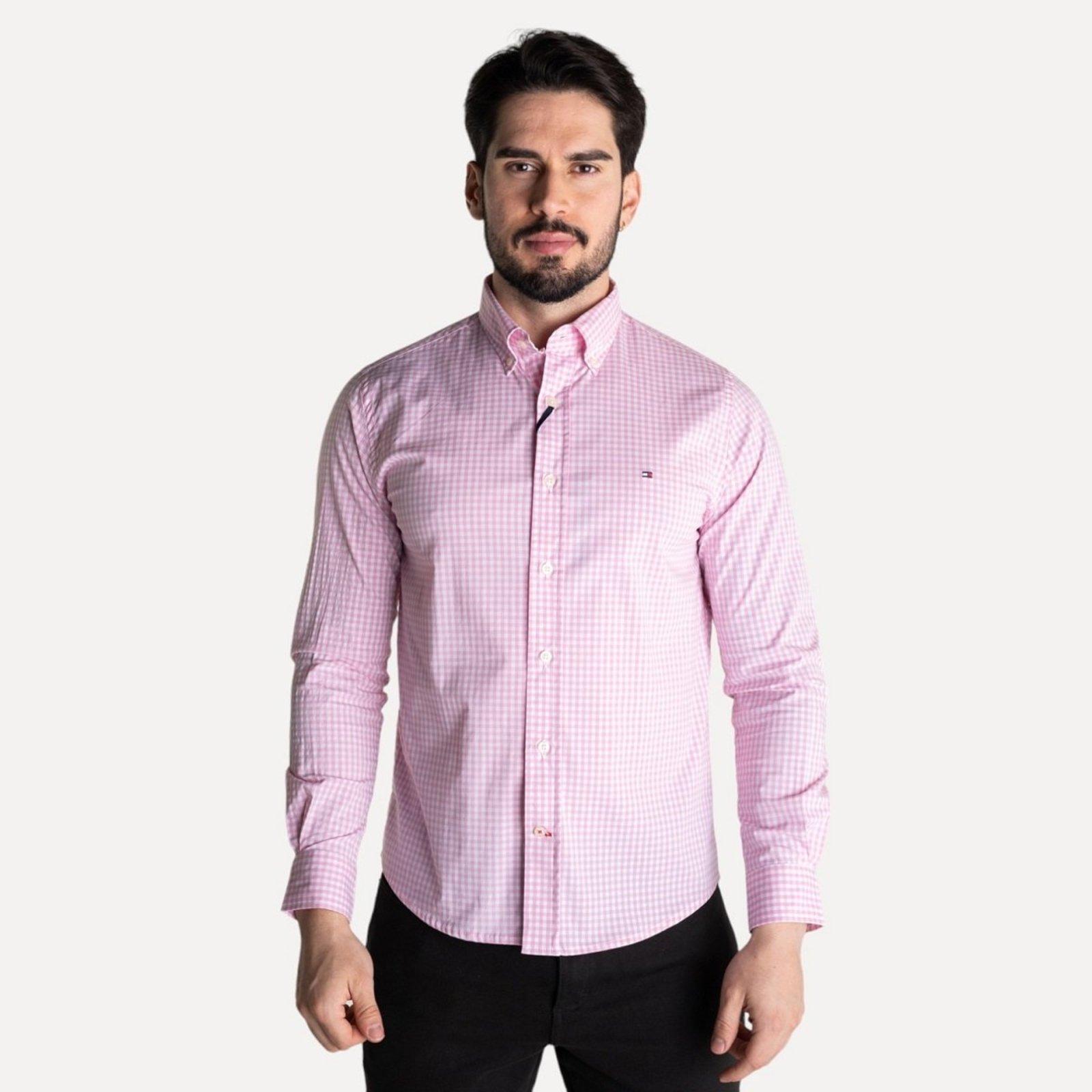 Camisa Tommy Hilfiger Xadrez Custom Fit Rosa Claro