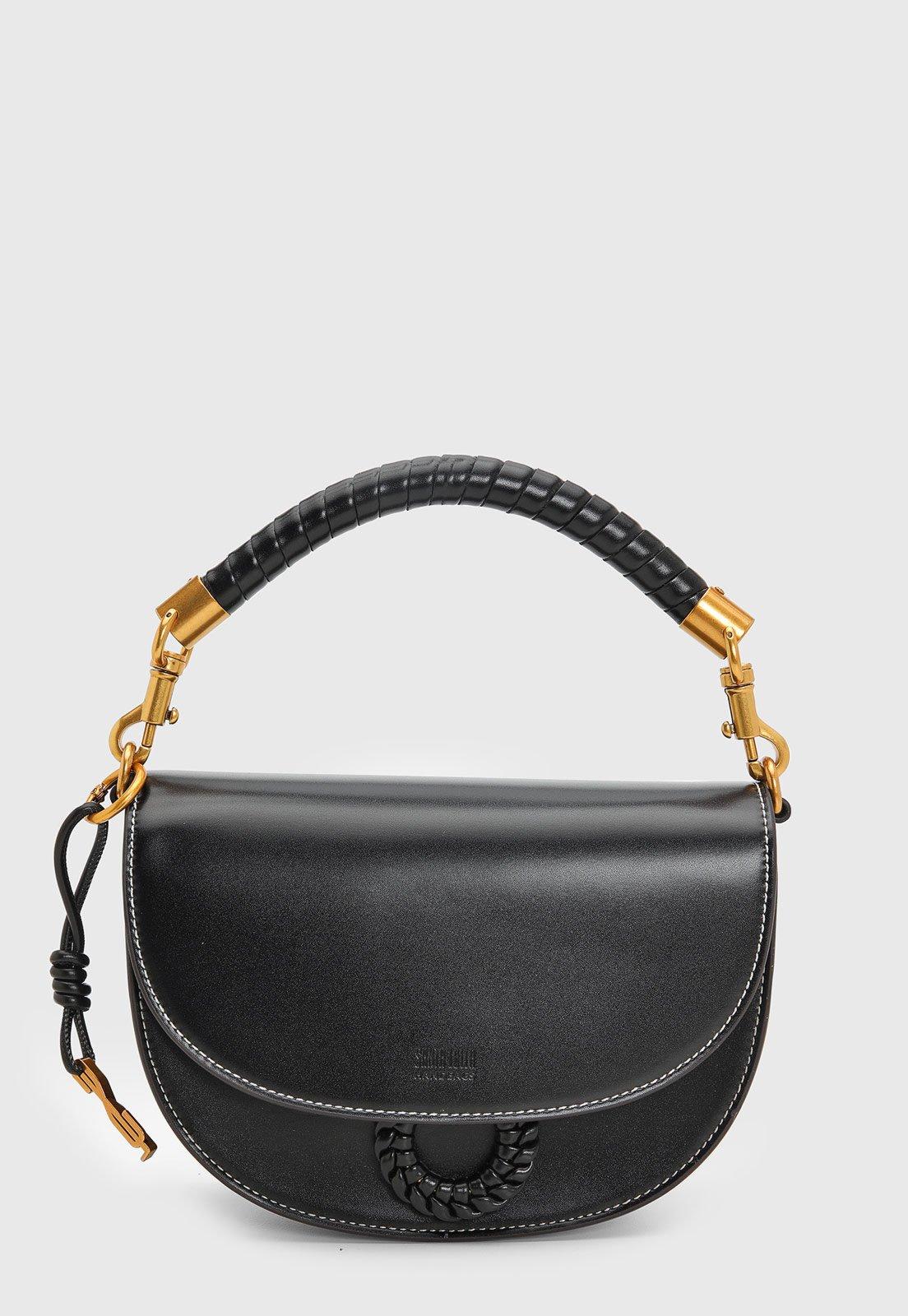 Bolsa Média Santa Lolla Preta Estruturada Alça Trançada Metais Dourados