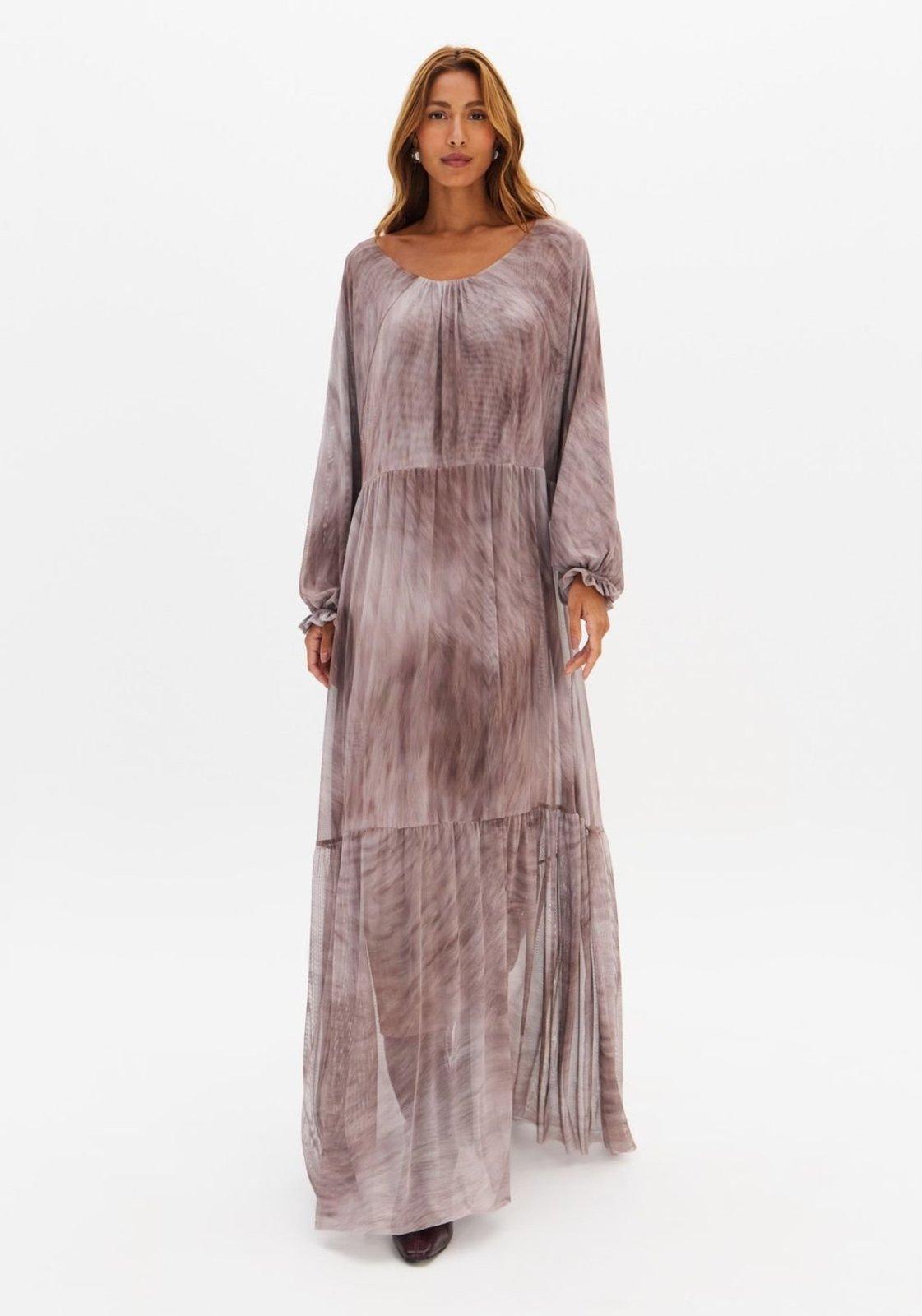 Vestido Super Midi Fluído Manga Longa De Tule Lança Perfume